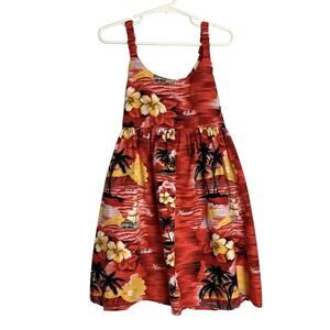 KYs Hawaiian Dress Sundress Girls 8 Red Tropical Floral‎ Tie Back Hibiscus Palms